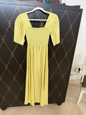 Anthropologie Yellow Smocked Square-Neck Midi Dress